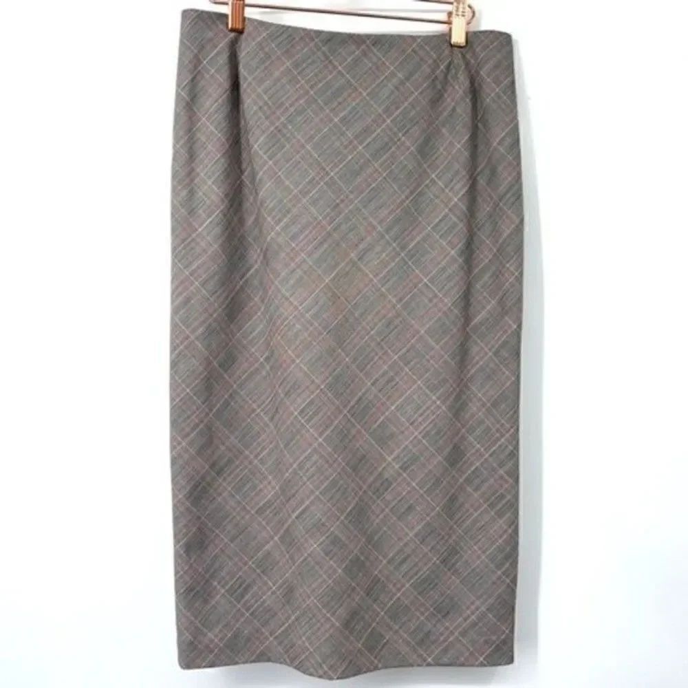 Lafayette 148 midi pencil skirt gray plaid virgin wool size 4 BoxS